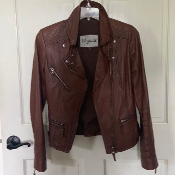 Elegante Jackets & Blazers - Cognac Genuine Lamb Leather Moto Jacket